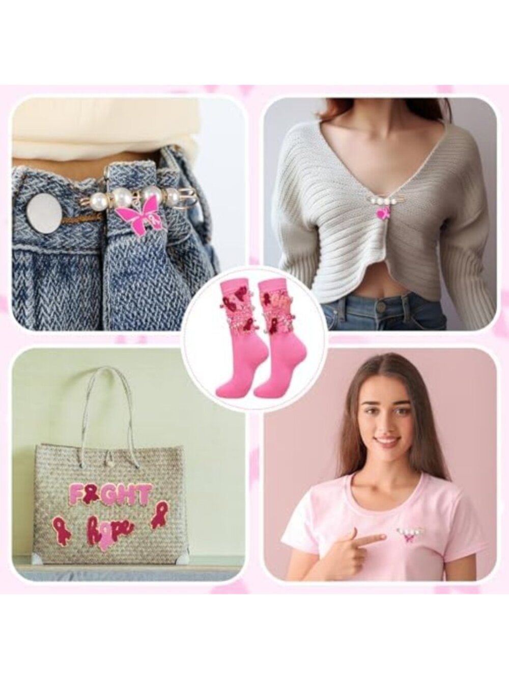 2 Pairs Pink Breast Cancer Awareness Socks with Charms & Pins for Women - Picture 6 of 6